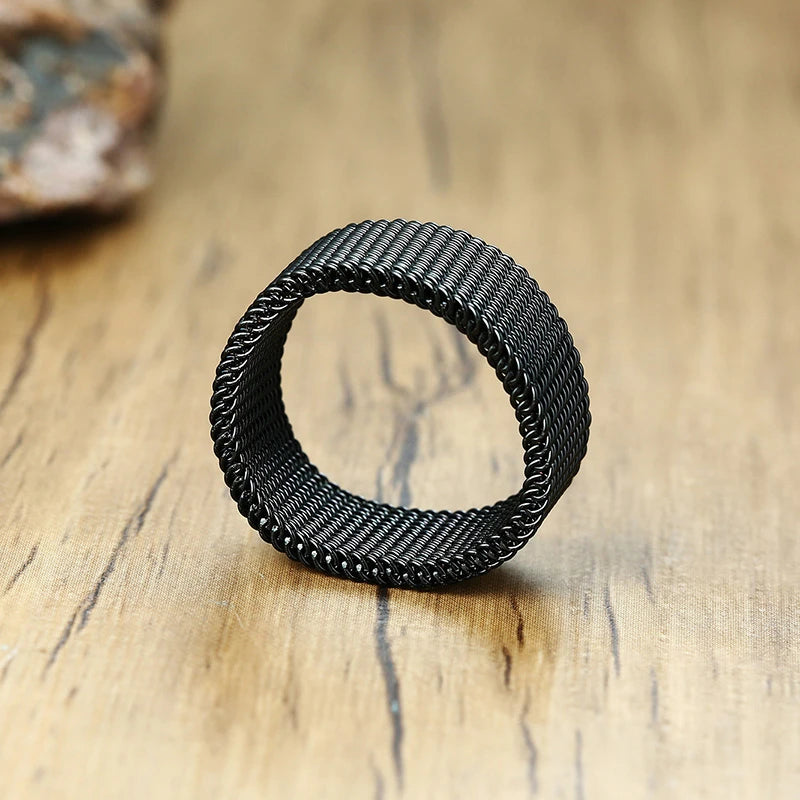 10mm Black Circle Woven Mesh Rings High Quality Stainless Steel Flexible Wedding Band Ring For Men Jewelry