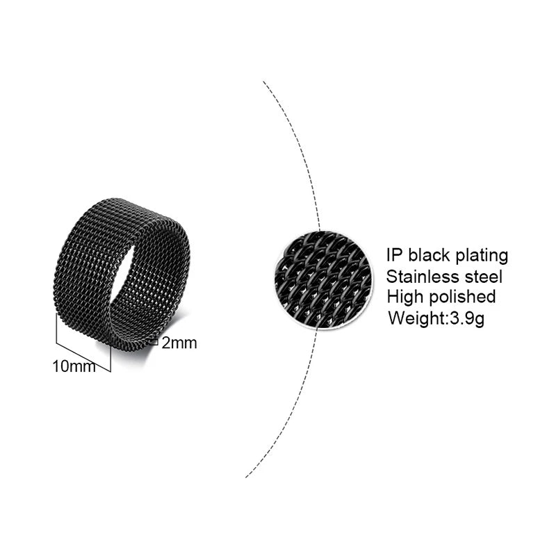 10mm Black Circle Woven Mesh Rings High Quality Stainless Steel Flexible Wedding Band Ring For Men Jewelry